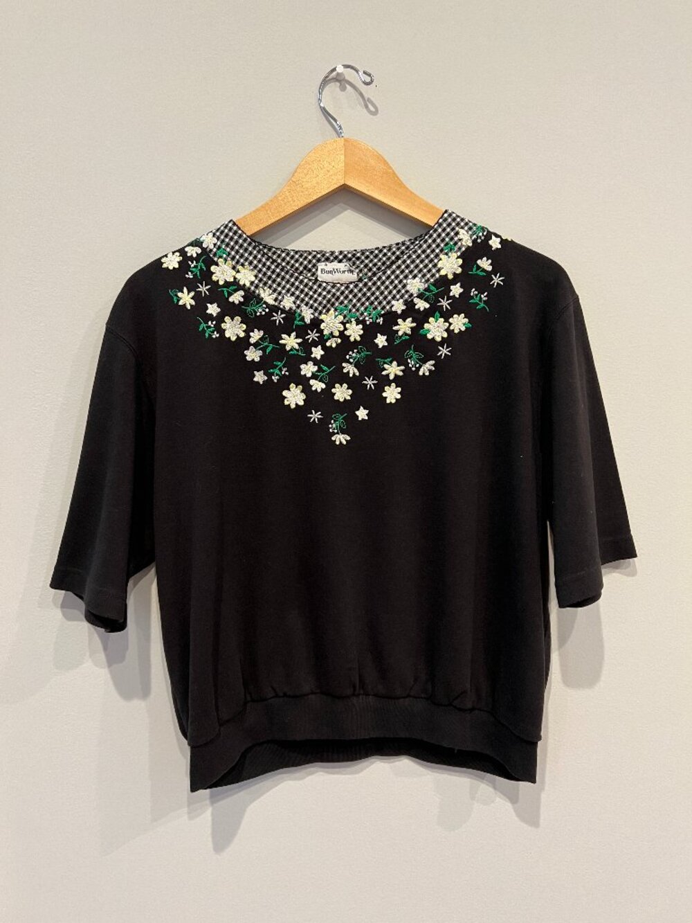 BonWorth Black Embroidered Collar Top with Floral Detail – Cotton Blend – M/L